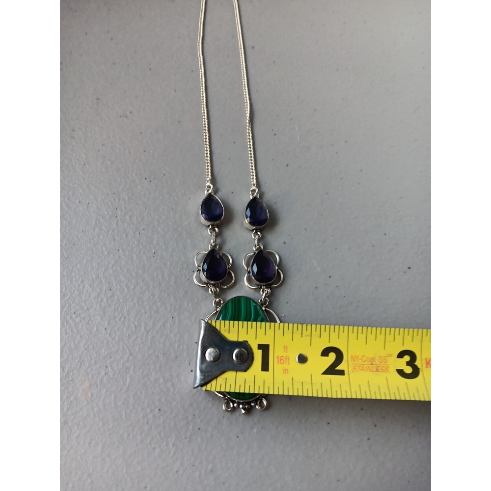 Silver 925 Framed Malachite Necklace Surrounded by Teardrop Amethyst BOHO MCM - Picture 5 of 6